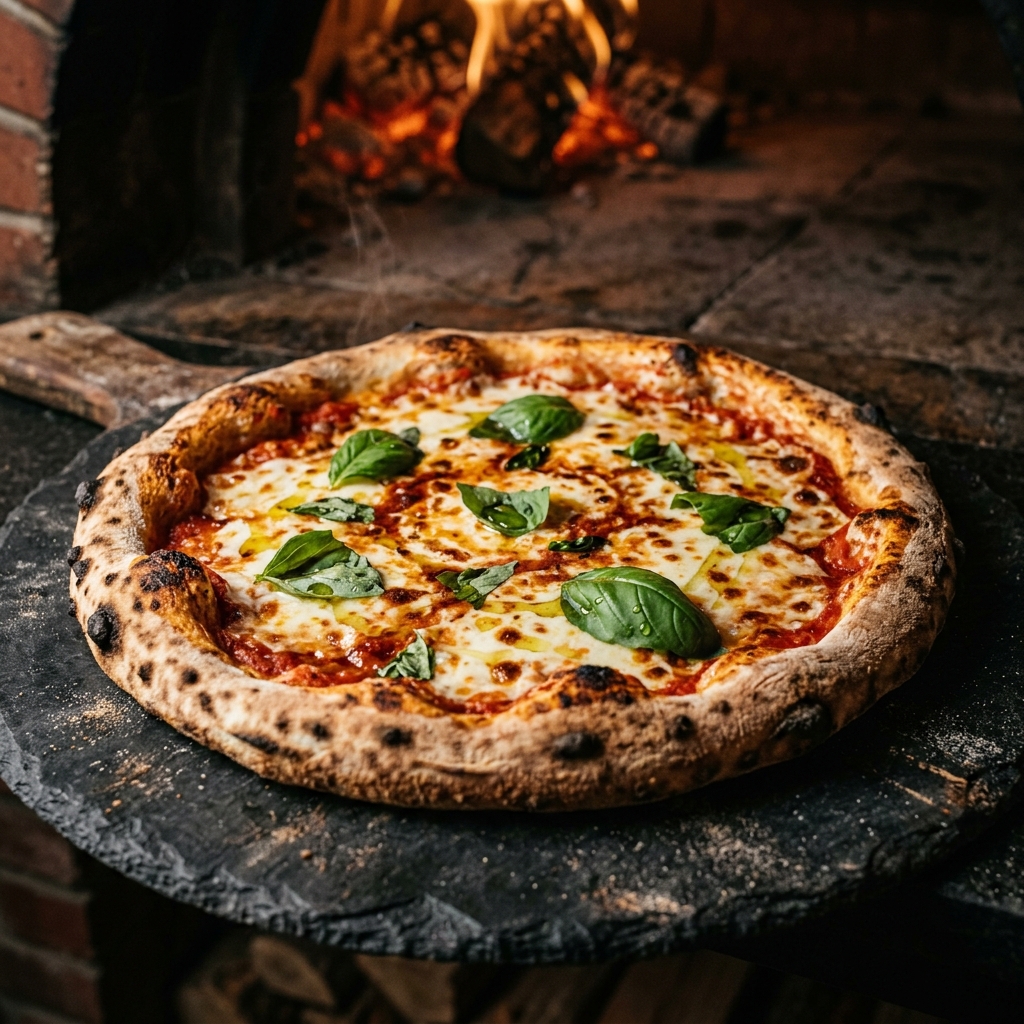 Artisanal wood-fired Neapolitan pizza with fresh basil and burrata cheese